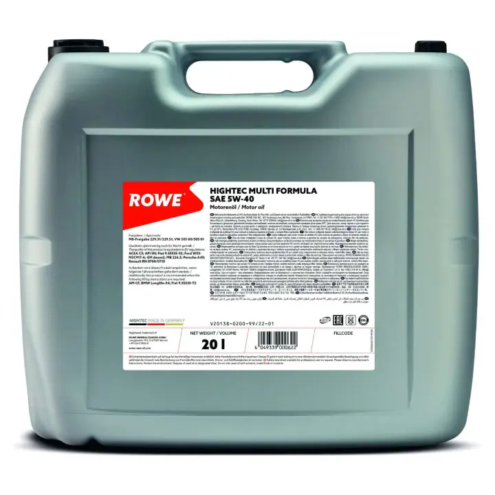 Олива 5W40 HIGHTEC MULTI FORMULA (20L) (MB 229.31/229.51/226.5/VW 505 00/505 01/BMW LL-04) ROWE 20138-0200-99 (фото 1)