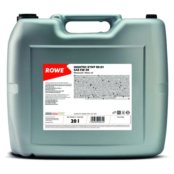 Олива 5W30 HIGHTEC SYNT RS D1 (20L) (Ford WSS-M2C945-A/929-A/946-A/GM DEXOS1 GEN2/GM 6094M/4718M) ROWE 20212-0200-99 (фото 1)
