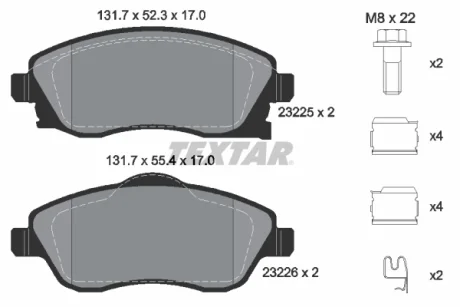 Комплект гальмівних колодок передн, OPEL COMBO, COMBO TOUR, CORSA C, MERIVA A, TIGRA 1.0-1.8 09.00- Textar 2322501