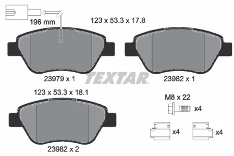 Гальмівні колодки передн, ABARTH 500 / 595 / 695 FIAT 500, 500 C, DOBLO, FIORINO, GRANDE PUNTO, LINEA, PANDA, PUNTO, PUNTO EVO, QUBO PEUGEOT BIPPER TEPEE 1.2-1.6 10.01- Textar 2397901