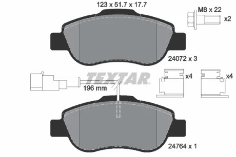 Гальмівні колодки передн, ABARTH 500 / 595 / 695 FIAT 500, 500 C, GRANDE PUNTO, PANDA, PUNTO EVO FORD KA PEUGEOT BIPPER TEPEE 1.2-1.4D 09.03- Textar 2407202