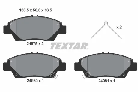 Гальмівні колодки передн, HONDA CR-Z, INSIGHT, JAZZ, JAZZ III, JAZZ IV, JAZZ V 1.2-1.5H 07.08- Textar 2497901