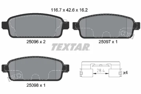 Комплект гальмівних колодок задн, OPEL AMPERA, ASTRA H CLASSIC, ASTRA J, ASTRA J GTC, CASCADA, MOKKA / MOKKA X, ZAFIRA C 1.3D-2.0D 01.09-12.19 Textar 2509606