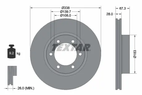 Диск гальмівний передн Лів/Прав (без маточини) LEXUS GX TOYOTA FORTUNER, HILUX VI, HILUX VII, LAND CRUISER 90, LAND CRUISER PRADO 2.4-4.6 08.97- TEXTAR 92137300