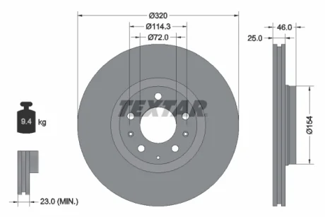 Гальмівний диск передн лів/прав (без маточини) MAZDA 6 2.0/2.0D/2.3 01.02-02.08 Textar 92166300