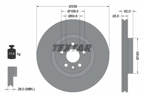 Гальмівний диск передн лів/прав VOLVO S60 II, S80 II, V60 I, V70 III, XC70 II 1.5-4.4 03.06-12.18 Textar 92168203