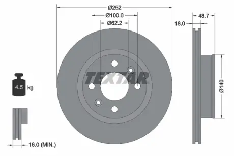 Диск гальмівний передн Лів/Прав HYUNDAI I10 I, I10 II, I10 III KIA PICANTO I, PICANTO II 1.0-1.2 10.05- TEXTAR 92196503