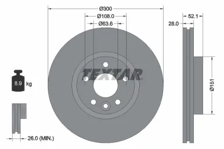 Диск гальмівний передн Лів/Прав (без маточини) VOLVO S60 II, S80 II, V60 I FORD MONDEO III 2.0D/2.4D 10.00-12.14 TEXTAR 92196903 (фото 1)