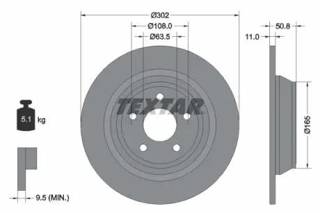 Диск гальмівний задн Лів/Прав FORD MONDEO V FORD USA FUSION 1.0-2.5 09.12- TEXTAR 92268703