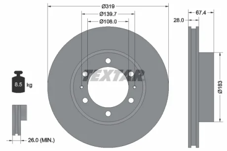 Диск гальмівний передн Лів/Прав TOYOTA HILUX VII, HILUX VIII 2.4D/2.8D/3.0D 08.05- TEXTAR 92274903 (фото 1)