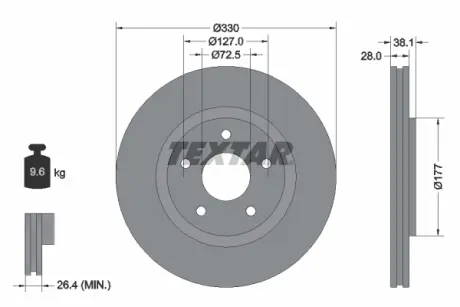Диск гальмівний передн Лів/Прав CHRYSLER GRAND VOYAGER V, PACIFICA, TOWN & COUNTRY, VOYAGER V DODGE GRAND, JOURNEY FIAT FREEMONT LANCIA VOYAGER VW ROUTAN 2.0D-4.0 06.07- TEXTAR 92278905