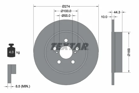 Гальмівний диск задн лів/прав MAZDA 2 TOYOTA AYGO X, YARIS 1.5/1.5H 02.20- Textar 92333703