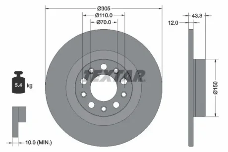 Диск гальмівний задн лів/прав JEEP COMPASS, RENEGADE 1.3/1.3H 04.20- Textar 92351003