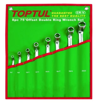 (EN) Double-ended ring wrench - offset комплектація 8 шт, 12-кутна: 6, 7, 8, 9, 10, 11, 12, 13, 14, 15, 16, 17, 18, 19, 20, 21, 22 мм, кут: 75°, футляр з тканини Toptul GAAA0810