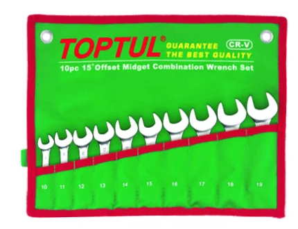 (EN) Double-ended ring wrench комплектація 10 шт, 12-кутна / HEX: 10, 11, 12, 13, 14, 15, 16, 17, 18, 19 мм, кут: 15°, футляр з тканини Toptul GAAA1002