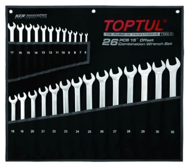 (EN) Double-ended ring wrench комплектація 26 шт, 12-кутна / HEX: 6, 7, 8, 9, 10, 11, 12, 13, 14, 15, 16, 17, 18, 19, 20, 21, 22, 23, 24, 25, 26, 27, 28, 29, 30, 32 мм, кут: 15°, футляр з тканини Toptul GPAA2602