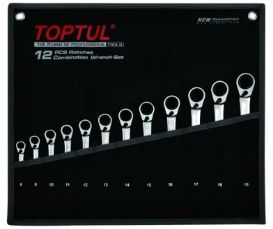 (EN) Ratchet combination wrench комплектація 12 шт, 12-кутна / HEX: 8, 9, 10, 11, 12, 13, 14, 15, 16, 17, 18, 19 мм, кут: 13 15°, футляр з тканини Toptul GPAQ1203