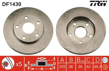 Диск гальмівний передн Лів/Прав TOYOTA CAMRY, GAIA, PICNIC 2.0-3.0 06.91-08.04 TRW DF1430