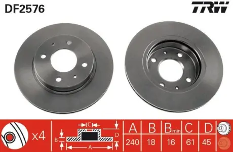 Диск гальмівний передн Лів/Прав NISSAN 100NX, SUNNY I, SUNNY II, SUNNY III, SUNNY III/KOMBI 1.4-2.0D 03.82-03.00 TRW DF2576
