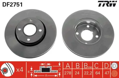 Диск гальмівний передн Лів/Прав FORD COUGAR, MONDEO I, MONDEO II, SCORPIO II FORD USA CONTOUR 1.8-2.9 04.93-12.01 TRW DF2751