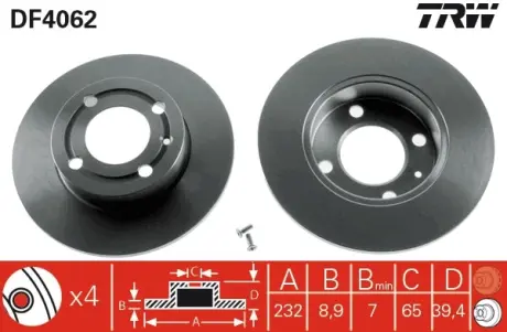 Диск гальмівний задн Лів/Прав AUDI A3, TT SEAT AROSA, CORDOBA, CORDOBA VARIO, CORDOBA VARIO/KOMBI, IBIZA II, IBIZA III SKODA FABIA III VW BORA I, GOLF IV, LUPO I 1.0-2.0 02.93-06.21 TRW DF4062