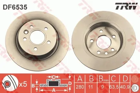Диск гальмівний задн Лів/Прав VOLVO C30, C70 II, S40 II, V40, V50 1.5-2.5 12.03-08.19 TRW DF6535