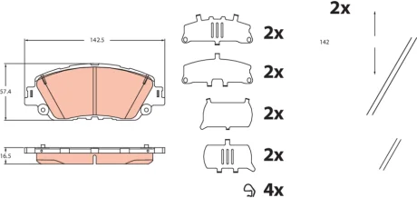 Комплект гальмівних колодок передн (з комплектуючими), LEXUS ES, UX TOYOTA CAMRY, COROLLA CROSS, RAV 4 V 2.0-Electric 08.17- TRW GDB2488