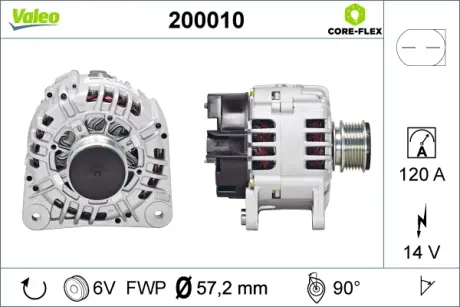 Генератор (14В, 120А, новий) AUDI A2, A3, A4 B5, A6 C4, A6 C5, TT FORD GALAXY I SEAT ALHAMBRA, AROSA, CORDOBA, CORDOBA VARIO, IBIZA II, IBIZA III, IBIZA IV, IBIZA IV SC, INCA 1.0-3.2 02.90-08.15 Valeo 200010