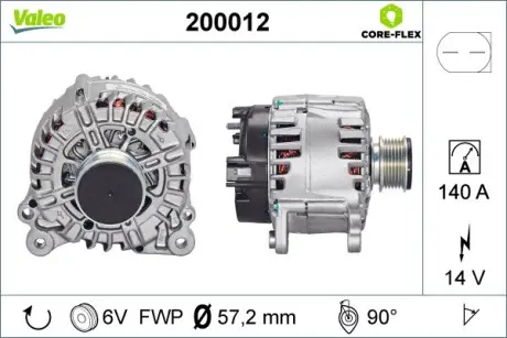 Генератор (14В, 140А, новий) AUDI A1, A3, A4 B6, A4 B7, A8 D4, Q3, TT CHRYSLER SEBRING DODGE AVENGER, CALIBER, JOURNEY FORD GALAXY I JEEP COMPASS, PATRIOT SEAT ALHAMBRA, ALTEA 1.0-4.0 09.95- Valeo 200012
