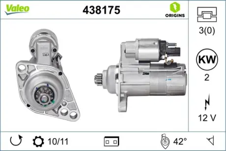 Стартер (12В, 2кВт, новий) AUDI A3, TT SEAT ALTEA, ALTEA XL, CORDOBA, IBIZA III, IBIZA IV, IBIZA IV SC, LEON, TOLEDO III SKODA FABIA I, FABIA I PRAKTIK, FABIA II, OCTAVIA II 1.4-2.0D 10.99- Valeo 438175