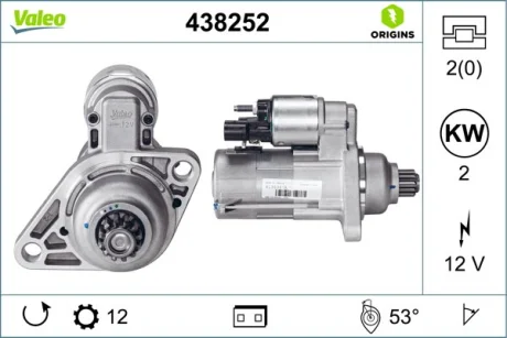 Стартер (12В, 2кВт, новий із заставою) AUDI A1, A3, Q2 SEAT ALTEA, ALTEA XL, ATECA, IBIZA IV ST, LEON, LEON SC, LEON ST SKODA FABIA II, KAROQ, OCTAVIA II, OCTAVIA III, ROOMSTER 1.2-2.0D 10.06- Valeo 438252