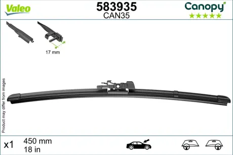 Щітка склоочисника безкаркасна передн із спойлером (1шт) Canopy 450мм ALFA ROMEO 159, BRERA, GIULIA, GIULIETTA, GIULIETTA/HATCHBACK, SPIDER AUDI A1, A1 ALLSTREET, A1 CITY CARVER, A3, Q4 11.91- Valeo 583935