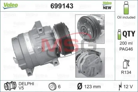 Компресор кондиціонера NISSAN INTERSTAR, PRIMASTAR OPEL MOVANO A, VIVARO A RENAULT AVANTIME, ESPACE III, MASTER II, MEGANE I, MEGANE I CLASSIC, MEGANE I COACH, MEGANE SCÉNIC 1.8-2.5D 08.95- Valeo 699143