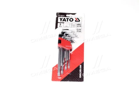 Ключі "Torx" Г-подібні: Cr-V, Т10-Т50 короткі з отвором, 9 шт. [6/36], комплект (YATO) Yato YT-0511