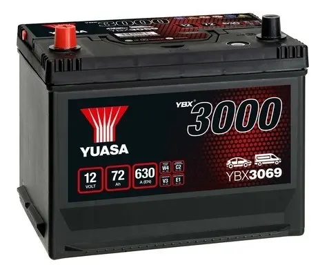 Акумулятор 12В 72Агод./630А YBX3000 SMF (L+ стандартні клеми) 269x174x223 B9 - монтажний фланець 29мм (пусковий) YUASA YBX3069 (фото 1)