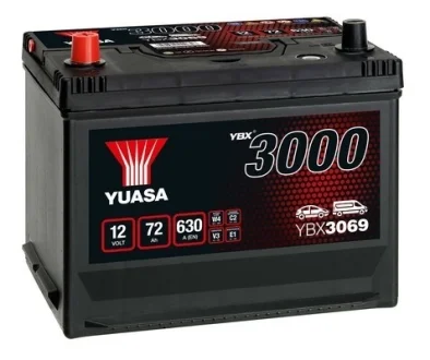 Акумулятор 12В 72Агод./630А YBX3000 SMF (L+ стандартні клеми) 269x174x223 B9 - монтажний фланець 29мм (пусковий) YUASA YBX3069