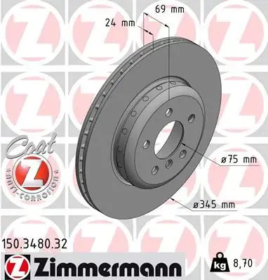 Диск гальмівний (задній) BMW 5 (F10/F11)/6 (F06/F13)/ 7 (F01-04) 09- (345x24) (з покриттям) (вент.) Zimmermann 150.3480.32 (фото 1)