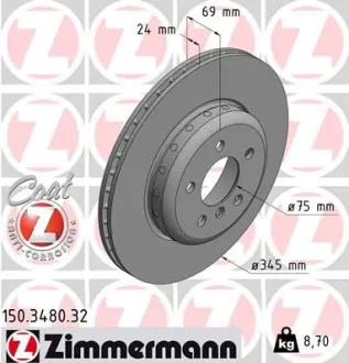 Диск гальмівний (задній) BMW 5 (F10/F11)/6 (F06/F13)/ 7 (F01-04) 09- (345x24) (з покриттям) (вент.) Zimmermann 150.3480.32