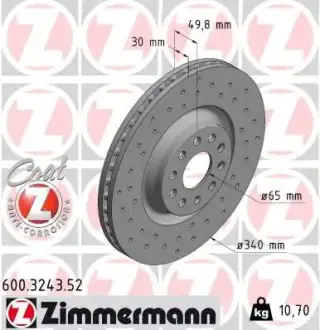Диск гальмівний (передній) Audi A3/Skoda Octavia/VW Golf 13-/Passat 08- (340x30)(з отвор) (вент) ZIMMERMANN 600.3243.52